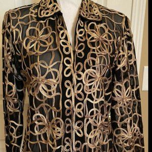 Laura Ashley Black Mesh - Gold & Tan Soutache Embellished Zip Jacket Blazer PM